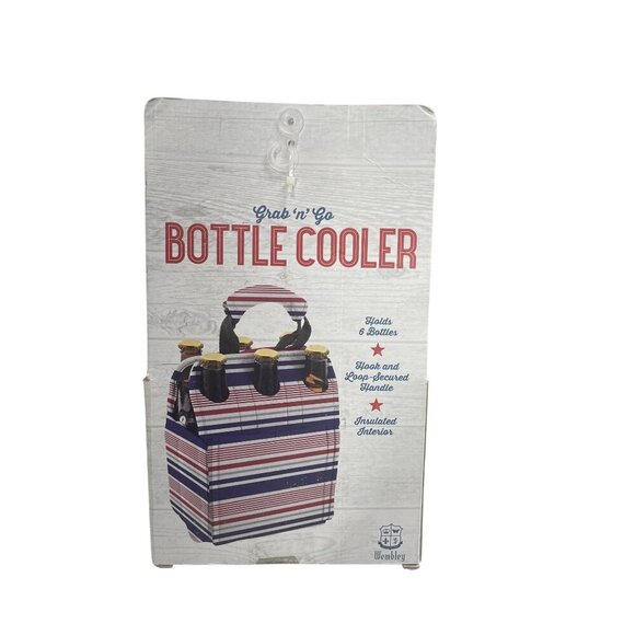 Grab N Go Bottle Cooler Handle 6 Bottles Striped Insulated Red/White/Blue - Picture 2 of 3